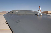 US Air Force (USAF) B-2 Spirit bomber aircraft on the ramp at Nellis Air Force Base.