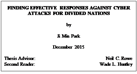 Text Box: FINDING EFFECTIVE RESPONSES AGAINST CYBER ATTACKS FOR DIVIDED NATIONS

by

Ji Min Park

December 2015

Thesis Advisor: 	Neil C. Rowe
Second Reader:	Wade L. Huntley
